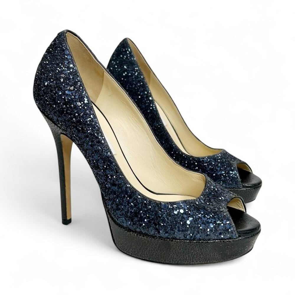 JIMMY CHOO Crown Coarse Glitter Peep Toe Stiletto Heels